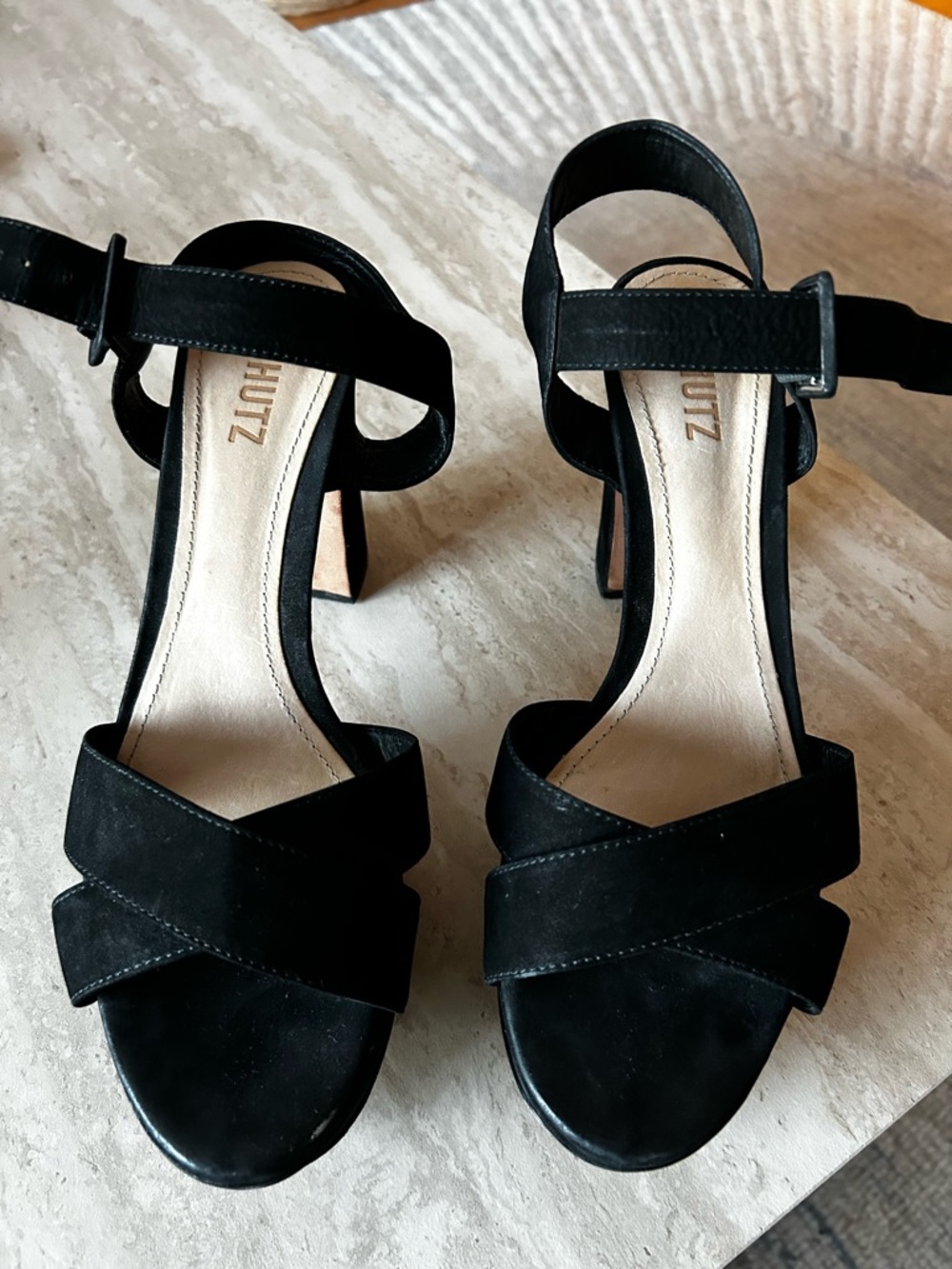 SCHUTZ Black Suede Crisscross Block Heel Sandals